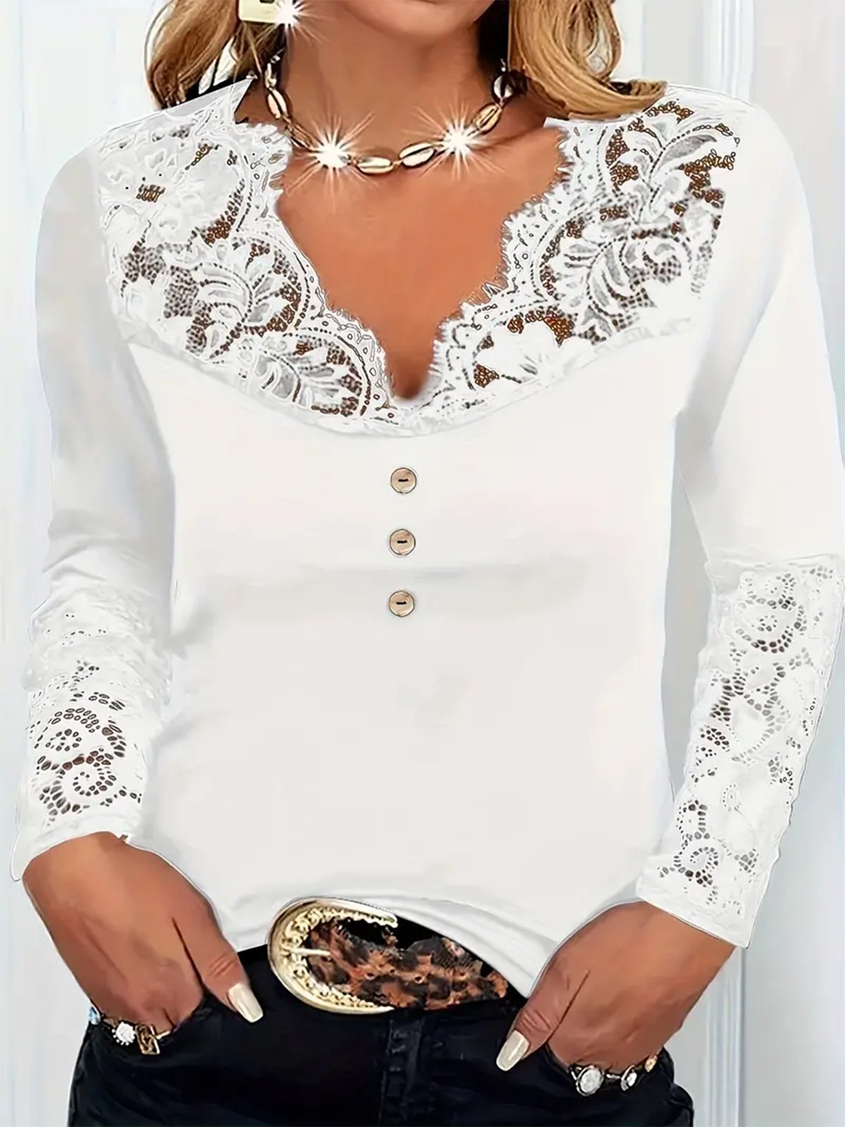 Sexy Lace Plain Regular Fit Elegant V Neck Long Sleeve T-Shirt