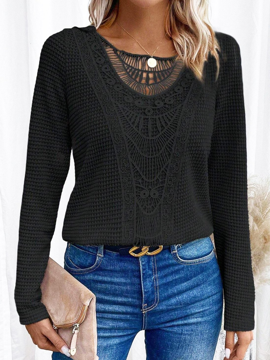 Lace Crochet Design Daily Plain Casual Crew Neck Loose H-Line Long Sleeve T-Shirt