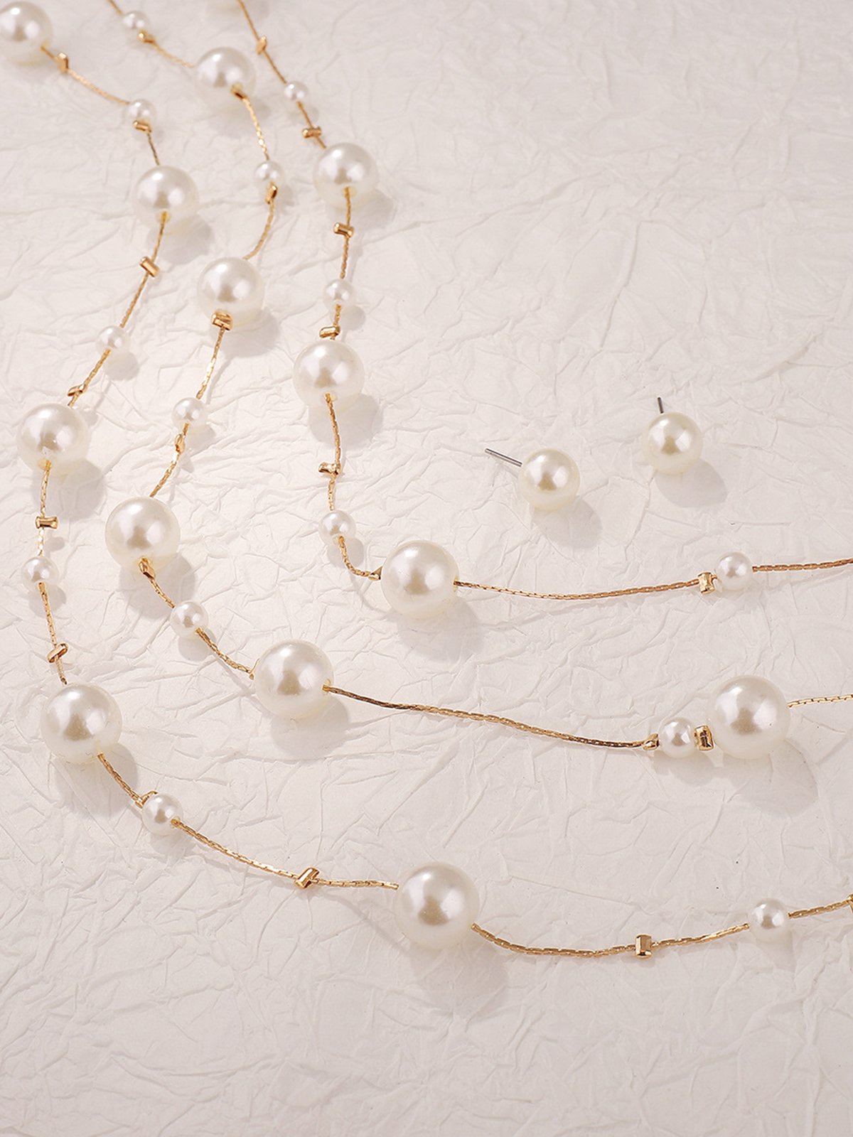 Elegant Imitation Pearl Multilayer Necklaces with Stud Earrings Jewelry Set