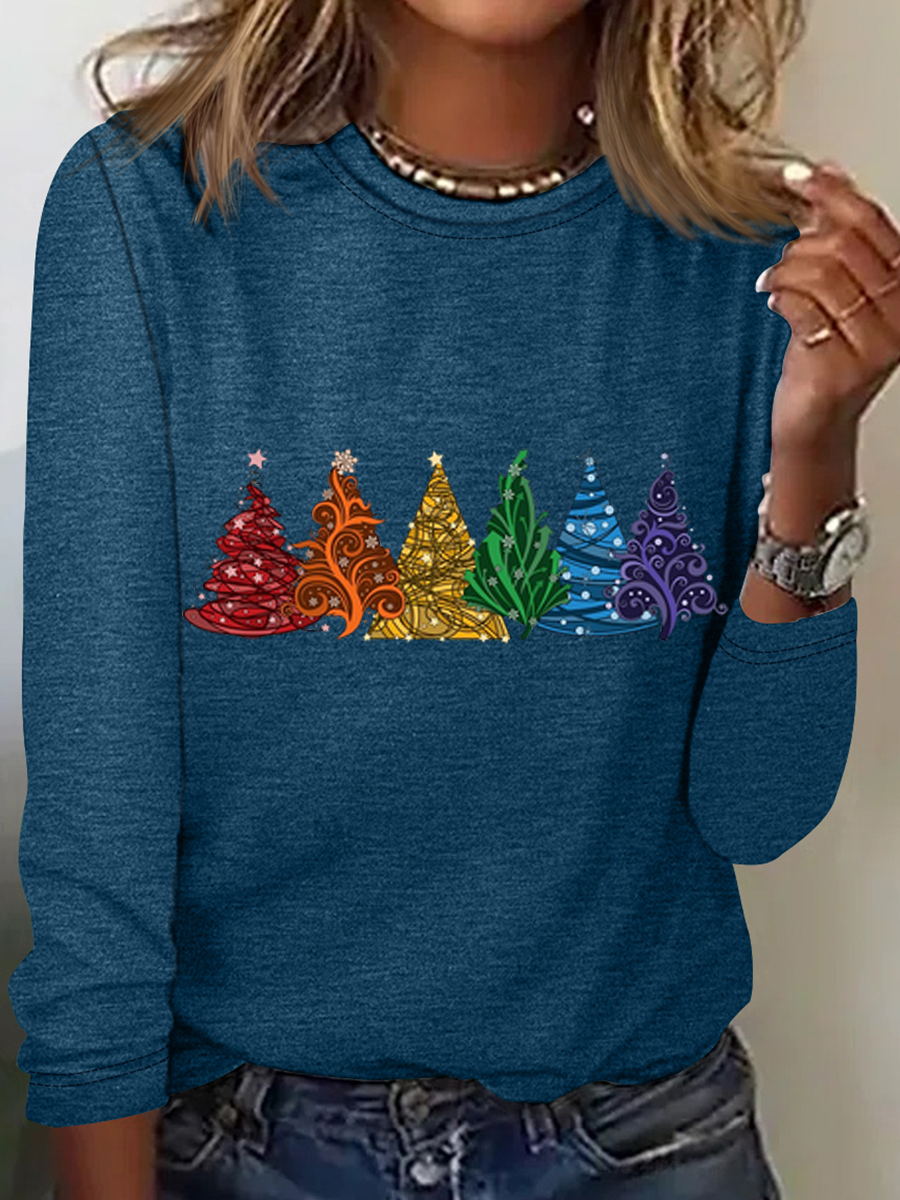 Women's Christmas Tree Daily Cotton-Blend Crew Neck Casual H-Line Long Sleeve Shirt