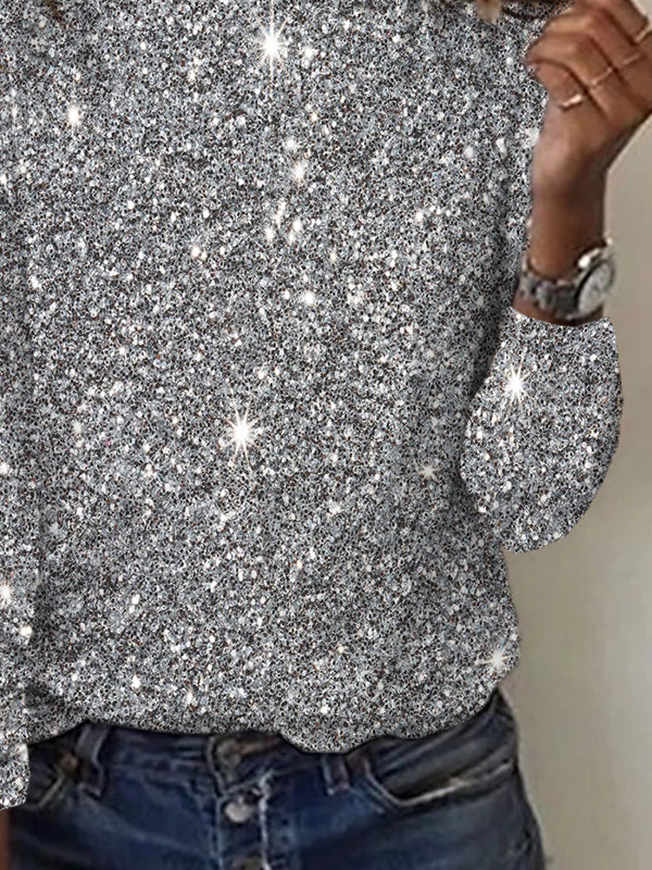 Christmas Glitter Upgrade Fabric Crew Neck Loose H-Line Casual Long Sleeve T-Shirt