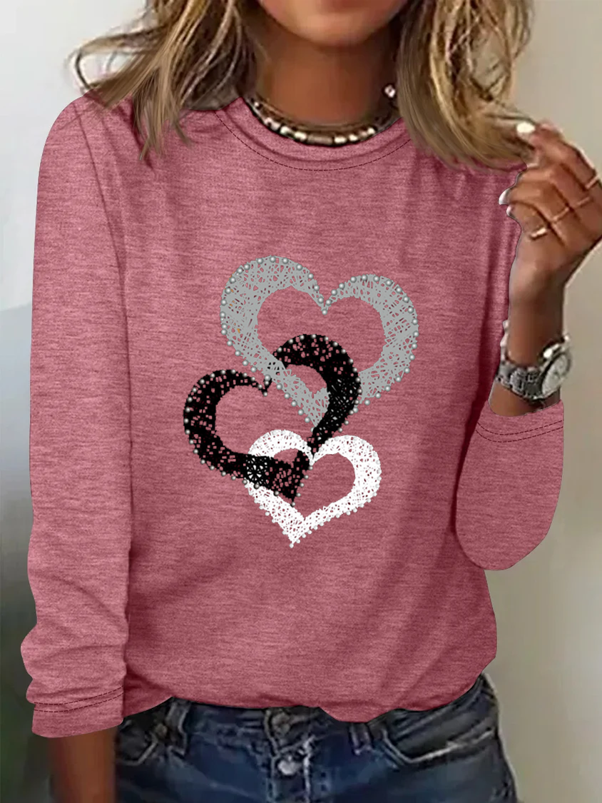 Heart/Cordate Print Valentine's Day Loose Casual Jersey Crew Neck Long Sleeve T-Shirt
