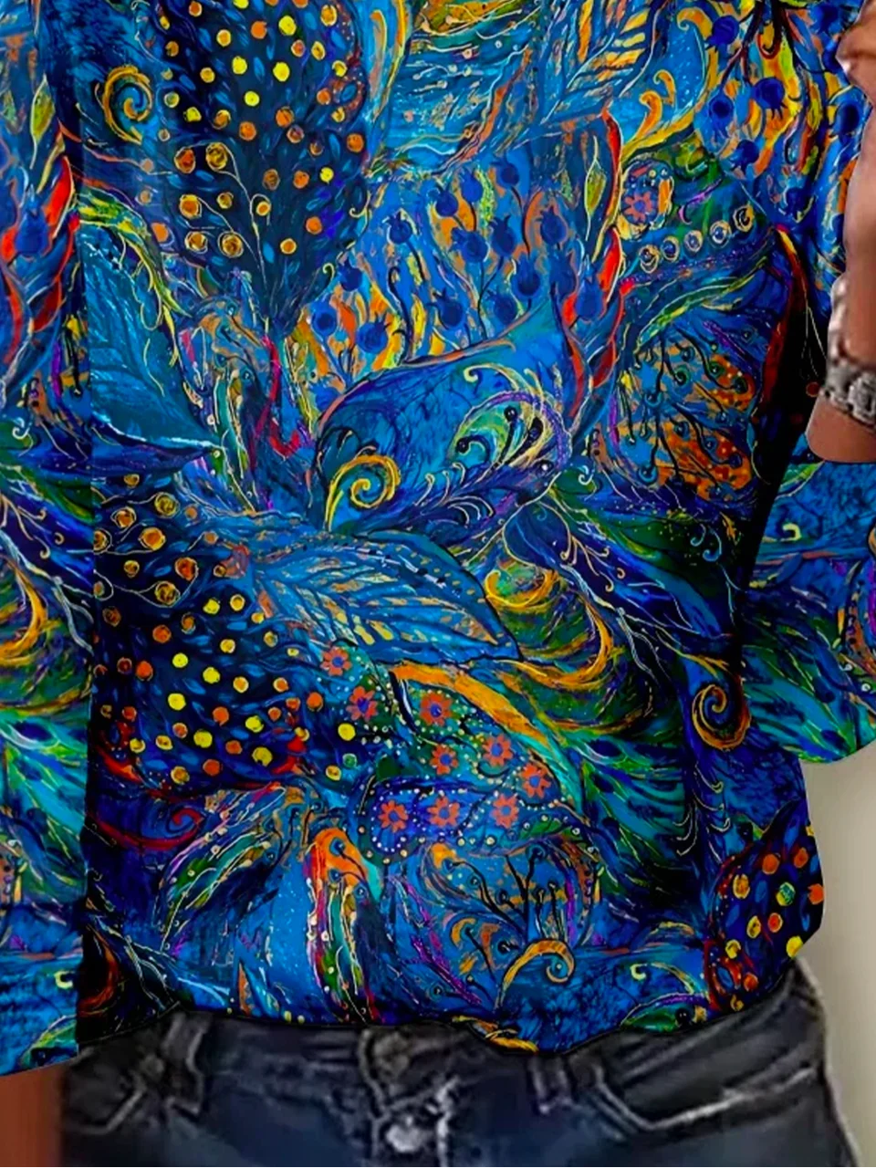 Plus size Peacock Print Casual Crew Neck T-Shirt