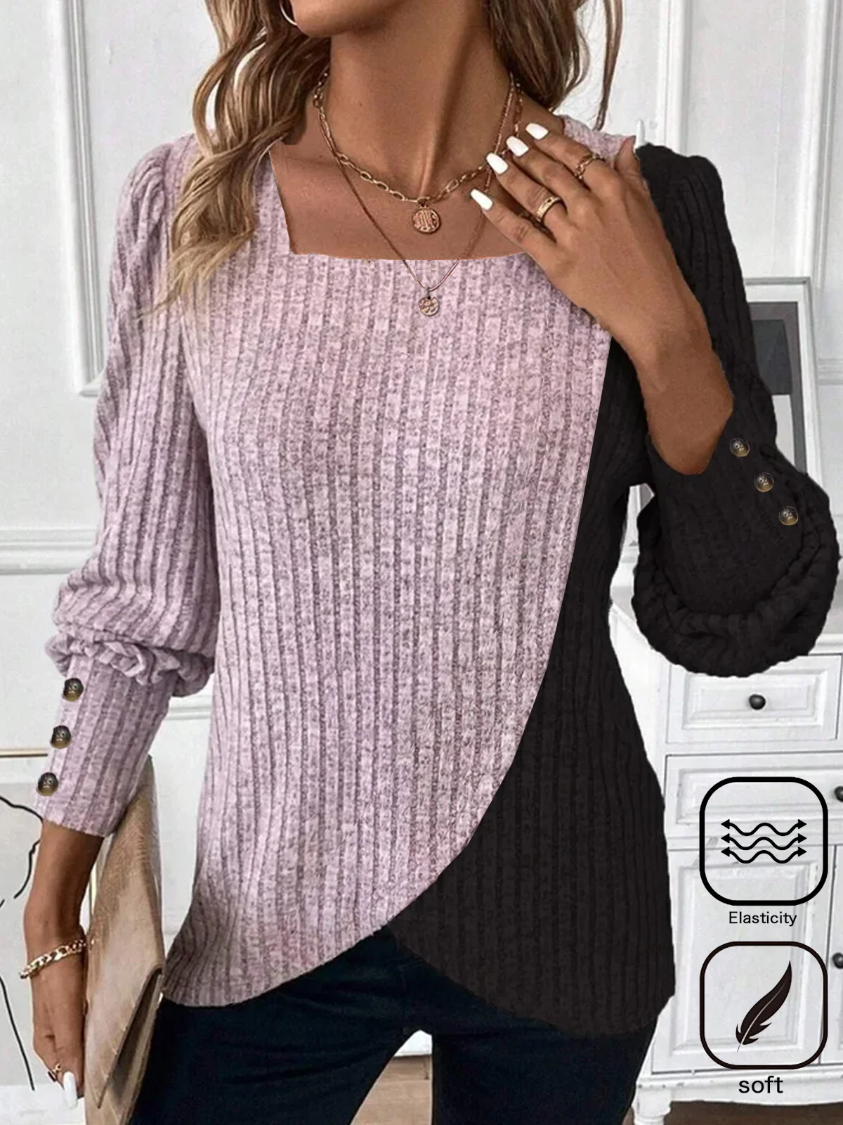 Plain Knitted Square Neck Daily Casual H-Line Buckle Long Sleeve T-Shirt