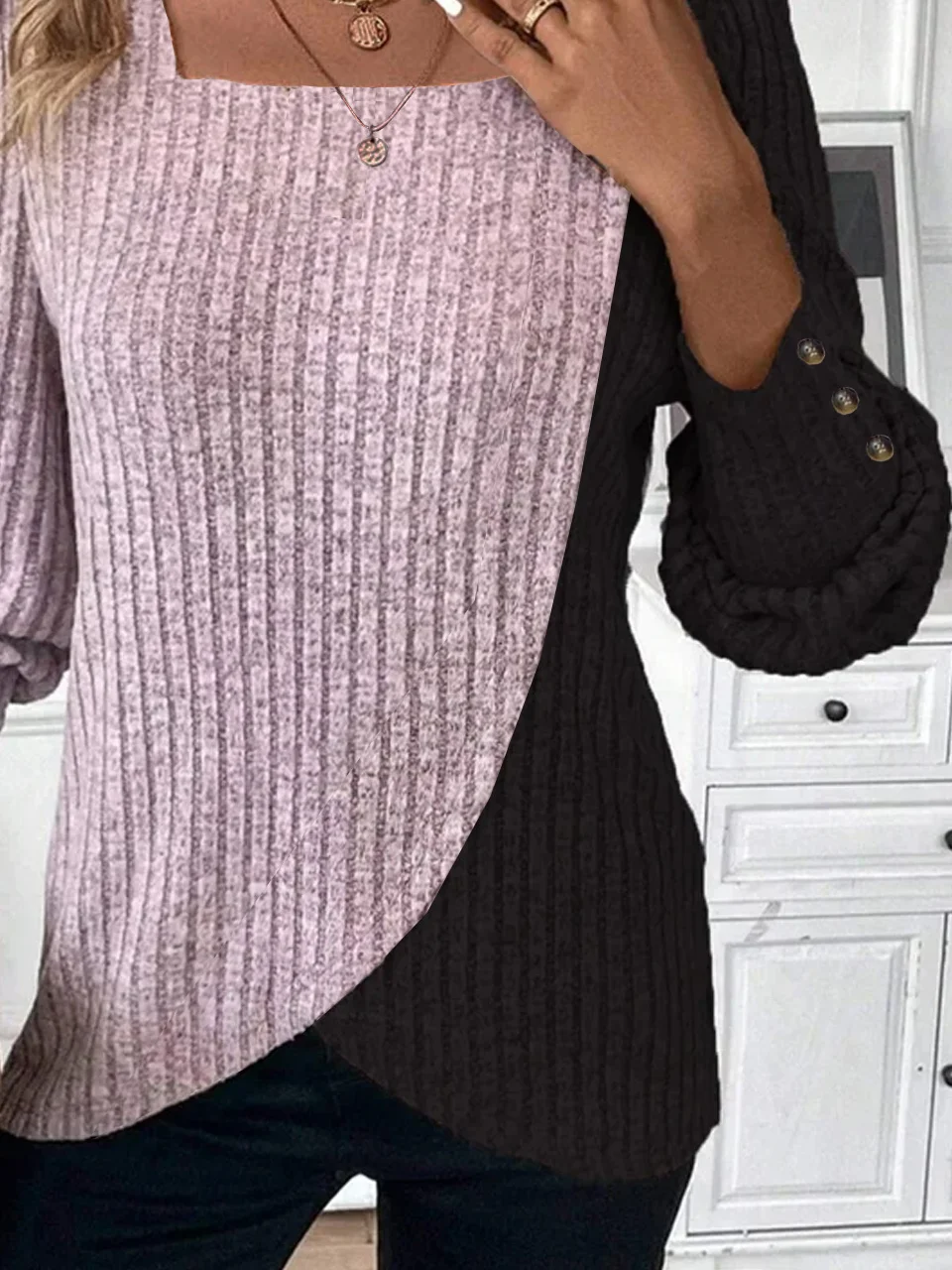 Plain Knitted Square Neck Daily Casual H-Line Buckle Long Sleeve T-Shirt