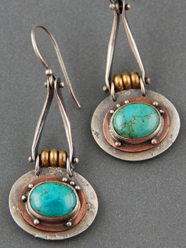 Ethnic Oval Turquoise Two-Tone Earrings