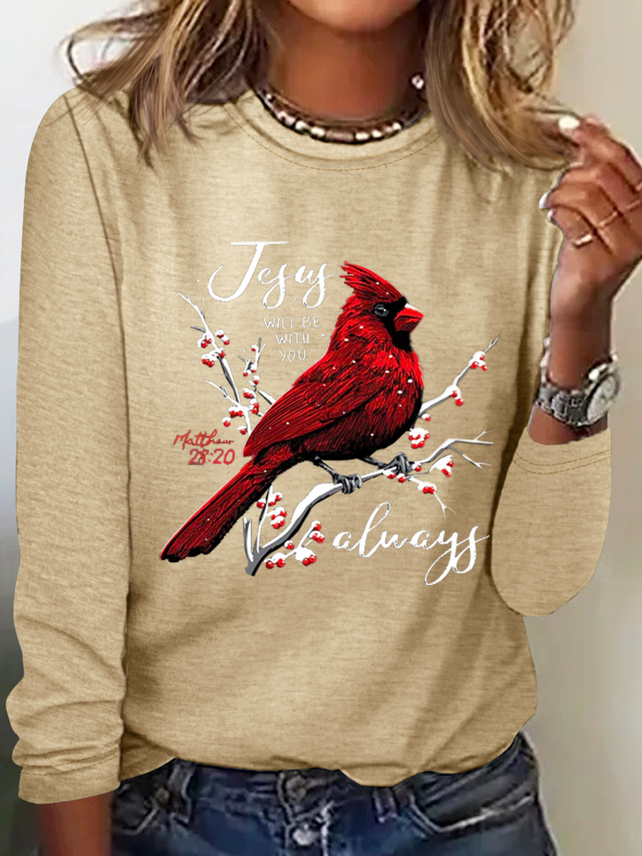 Matthew 28:20 Jesus Will Be With You Always Print Crew Neck Bird Simple Cotton-Blend Long Sleeve Shirt