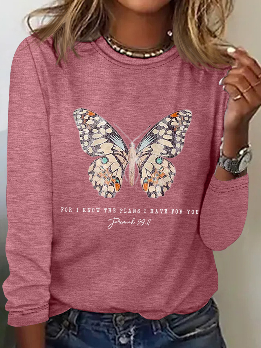 Women's Casual Jeremiah 29 11 For I Know the Plans I Have For You Print Cotton-Blend Crew Neck Butterfly Long Sleeve Shirt