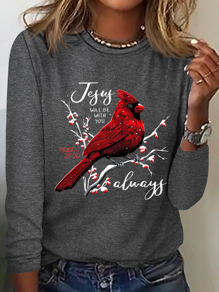 Matthew 28:20 Jesus Will Be With You Always Print Crew Neck Bird Simple Cotton-Blend Long Sleeve Shirt