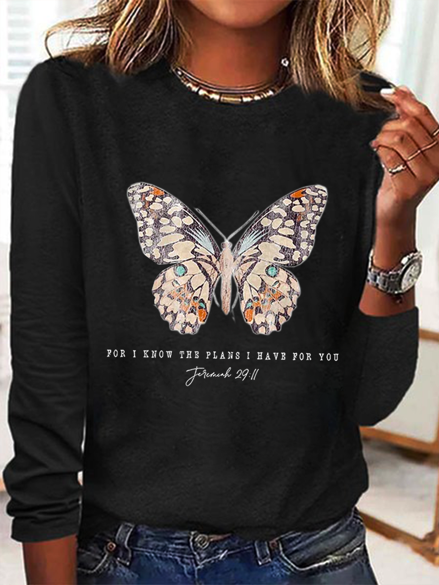 Women's Casual Jeremiah 29 11 For I Know the Plans I Have For You Print Cotton-Blend Crew Neck Butterfly Long Sleeve Shirt