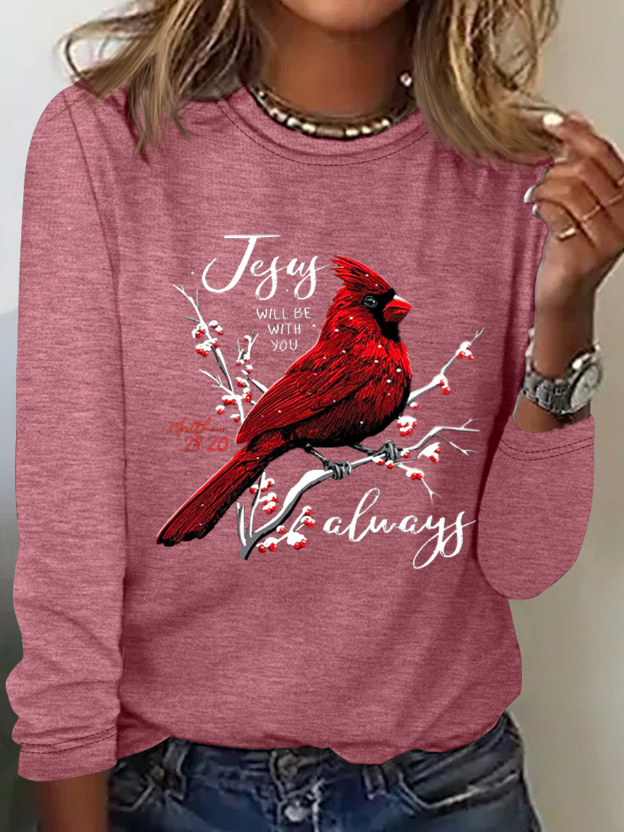 Matthew 28:20 Jesus Will Be With You Always Print Crew Neck Bird Simple Cotton-Blend Long Sleeve Shirt