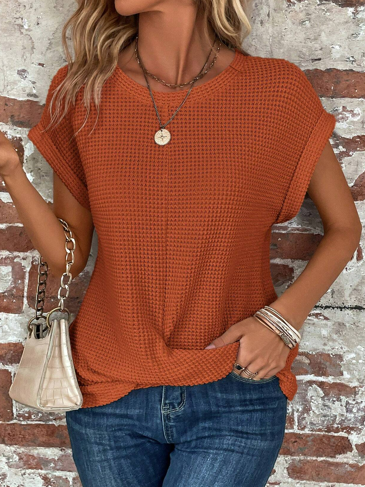 Crew Neck Cross Hem Casual Plain Loose T-Shirt
