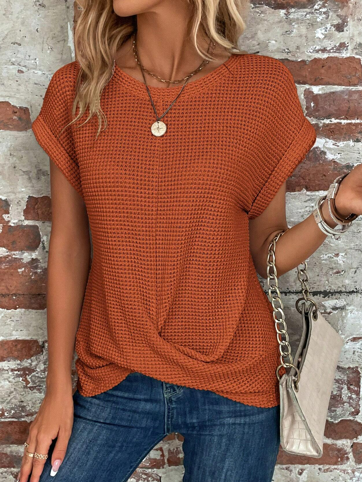 Crew Neck Cross Hem Casual Plain Loose T-Shirt