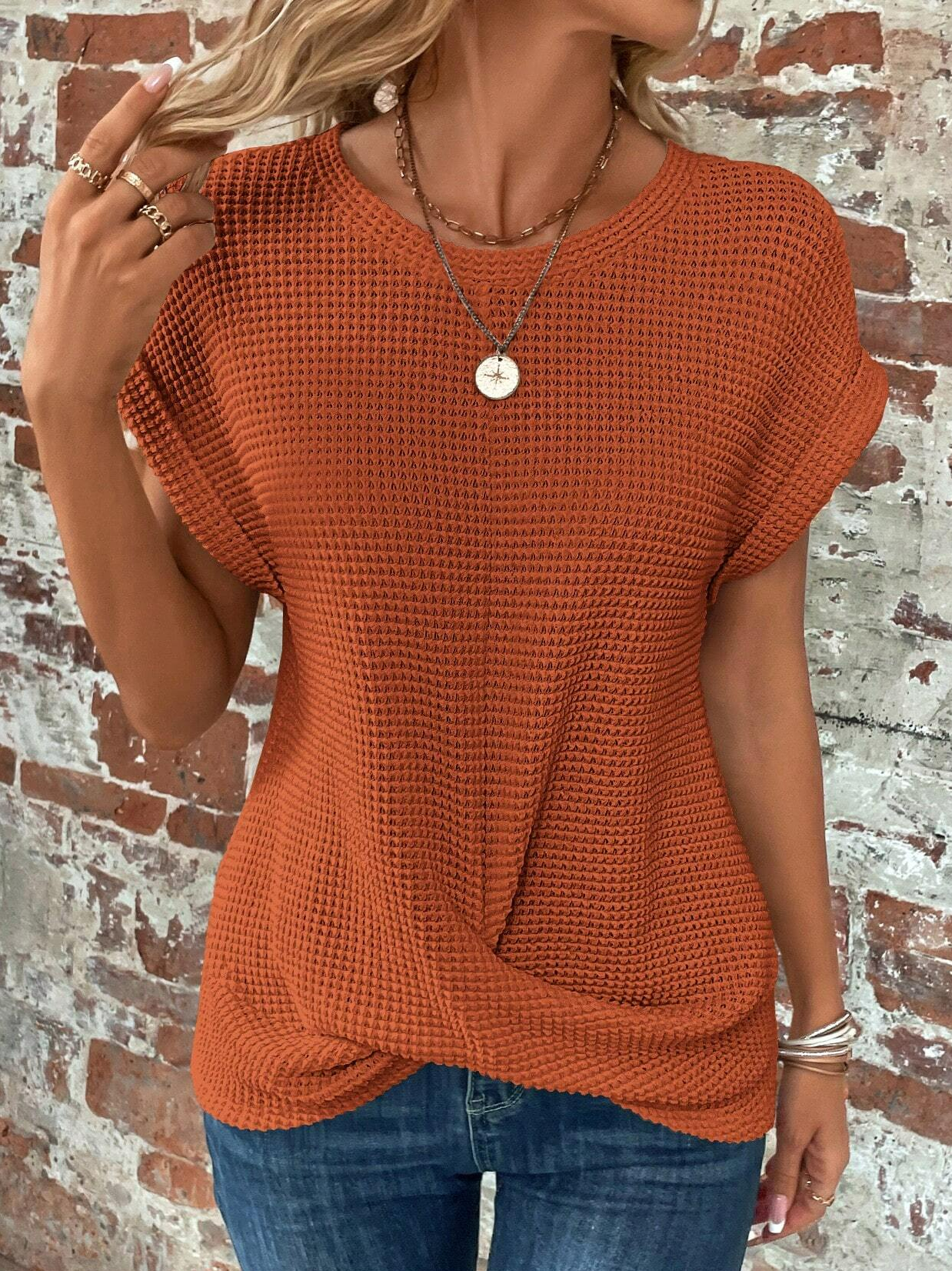 Crew Neck Cross Hem Casual Plain Loose T-Shirt