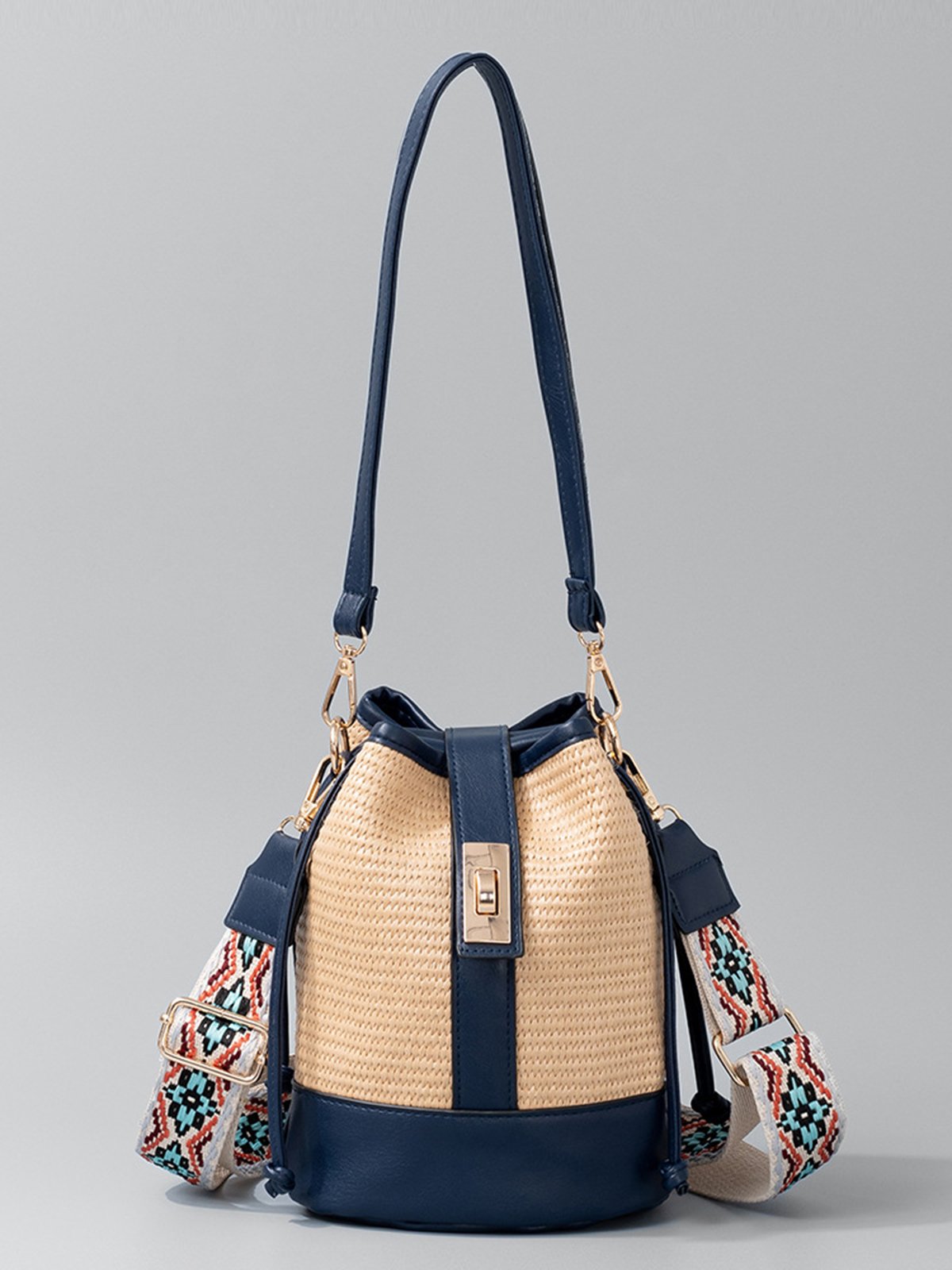 Handmade Straw Bags Vacation Color-block Shoulder Bag with Ethnic Cross-body Strap