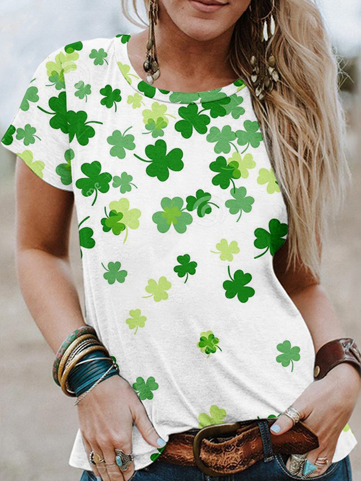 Loose Crew Neck Casual Four-Leaf Clover T-Shirt