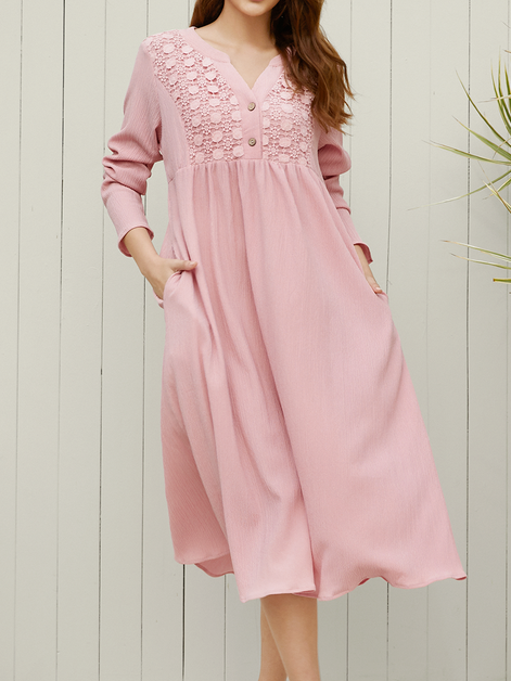 Plain Loose Lace V Neck H-Line Casual Long Sleeve Midi Dress