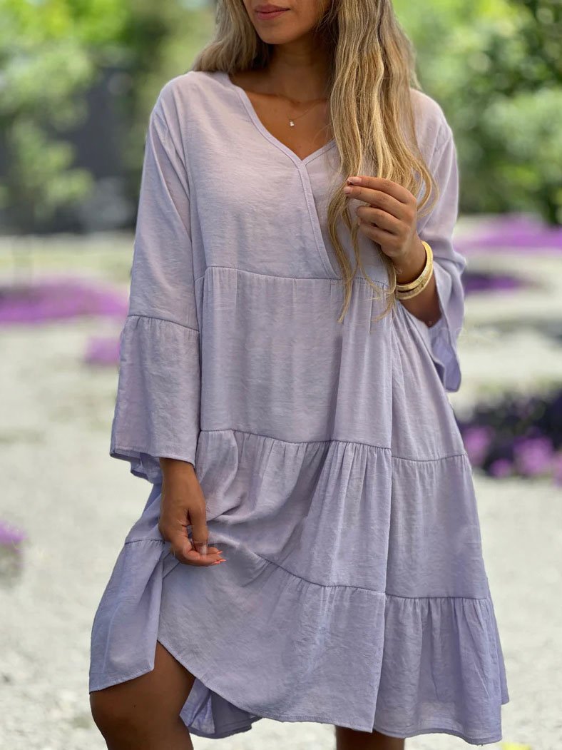 Plain V Neck Cotton-Blend Casual Dress