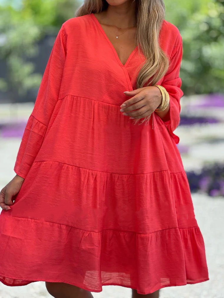 Plain V Neck Cotton-Blend Casual Dress