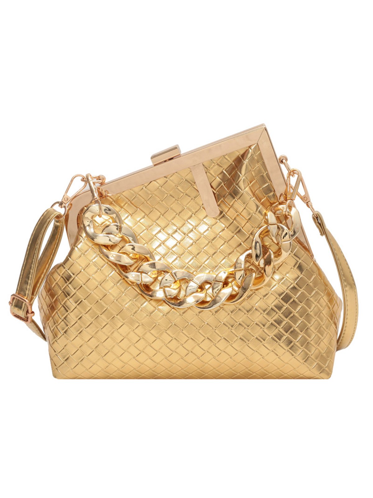 Casual Woven Metal Clutch Chain Handbag with Crossbody Strap