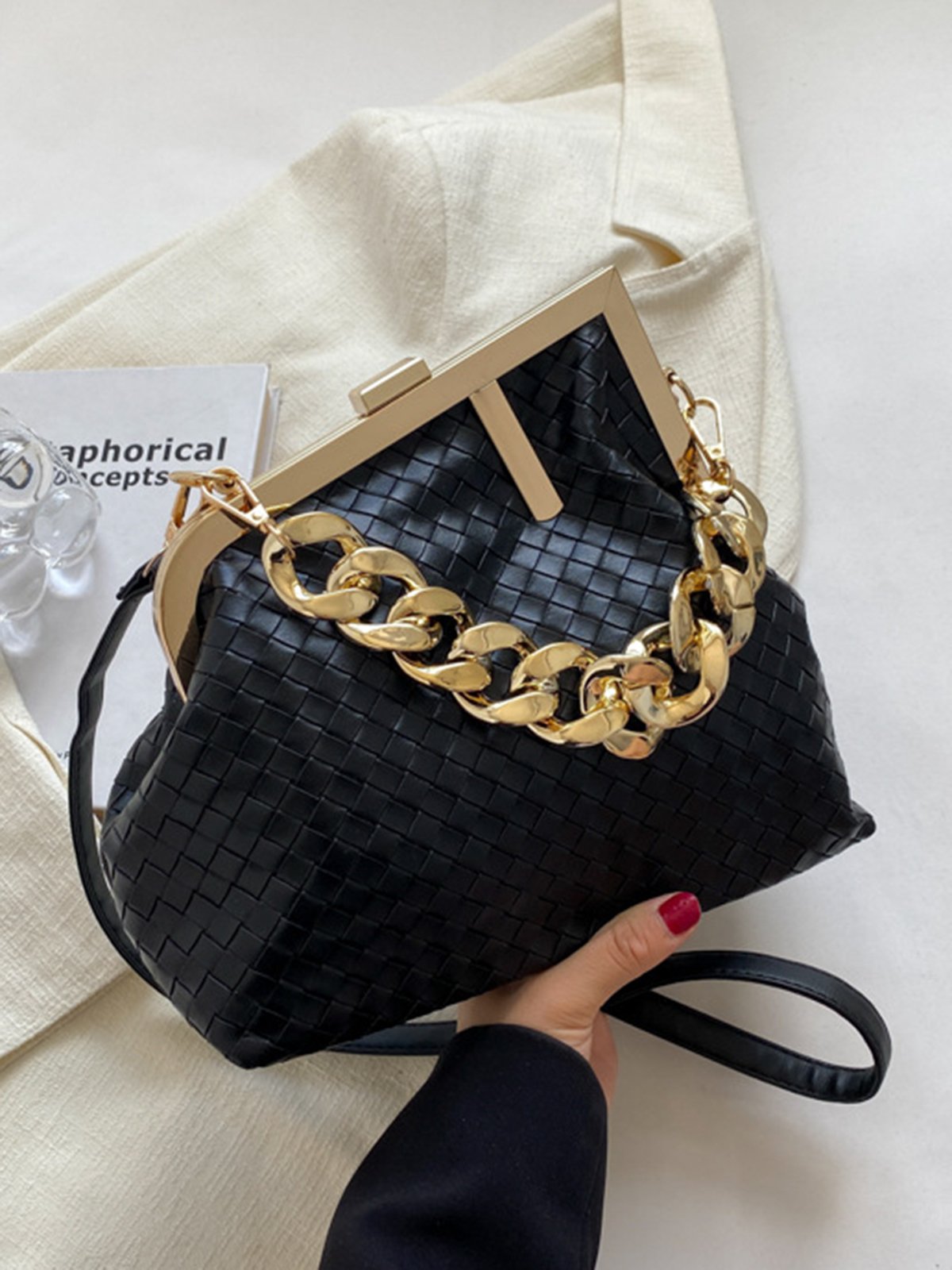 Casual Woven Metal Clutch Chain Handbag with Crossbody Strap