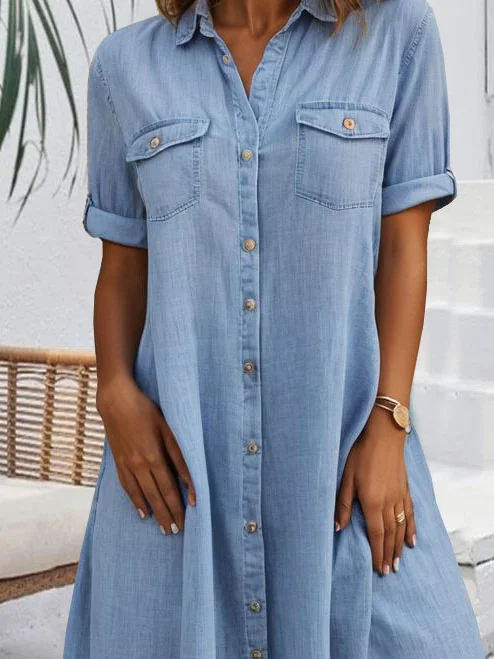 Casual Buckle Loose Shirt Collar Denim Dress