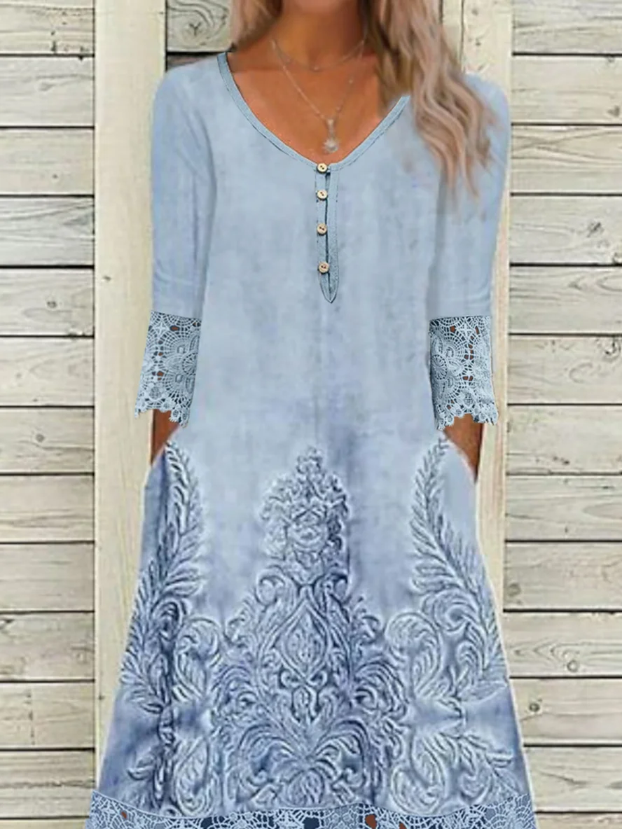 Lace Casual Asymmetrical Random Print Dress