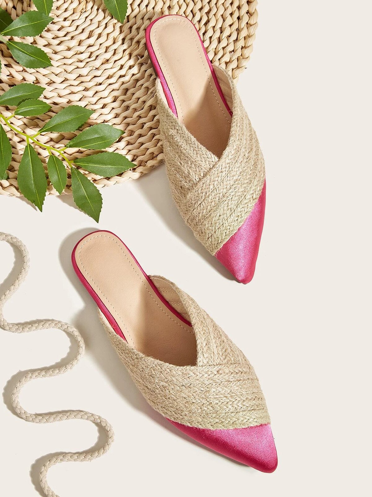 Color-block Satin Straw Weaved Vacation Flat Mules