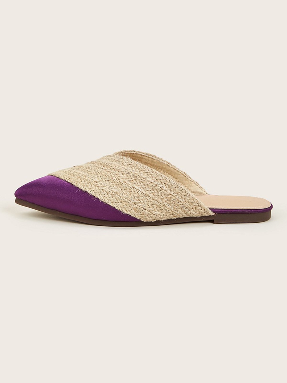 Color-block Satin Straw Weaved Vacation Flat Mules