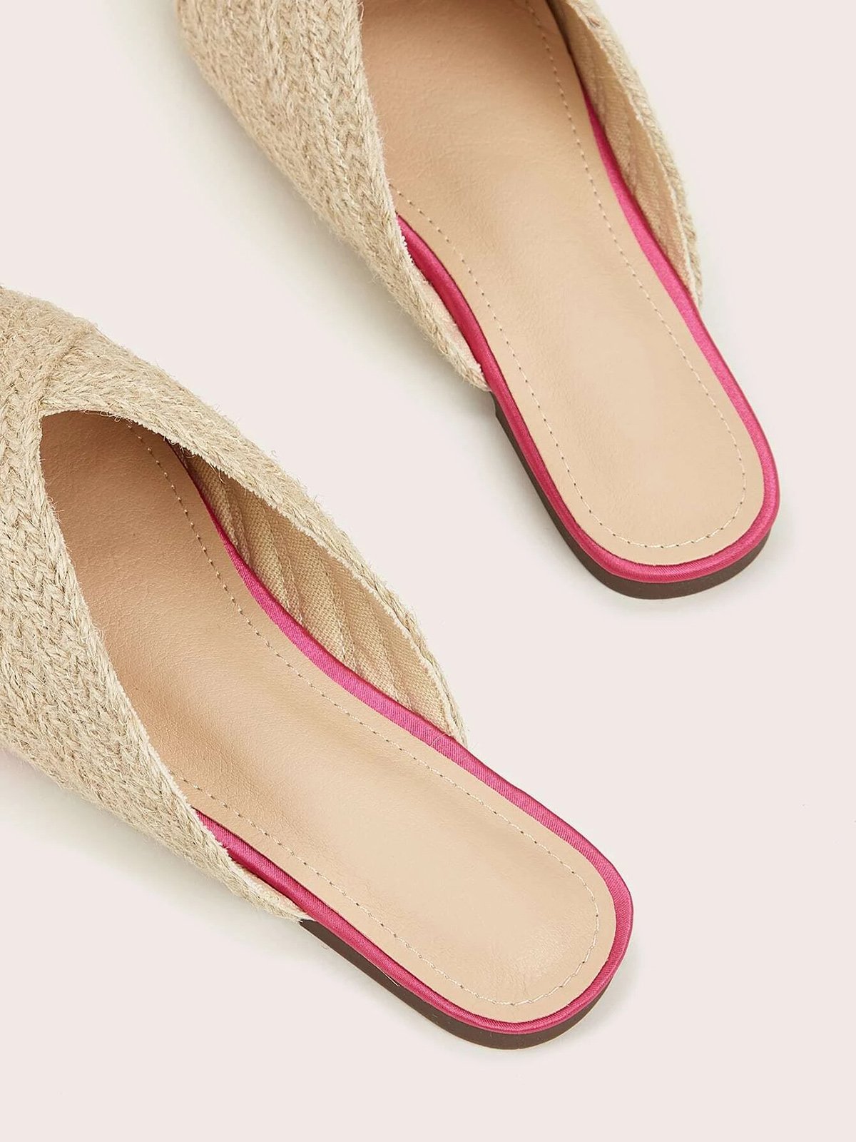 Color-block Satin Straw Weaved Vacation Flat Mules