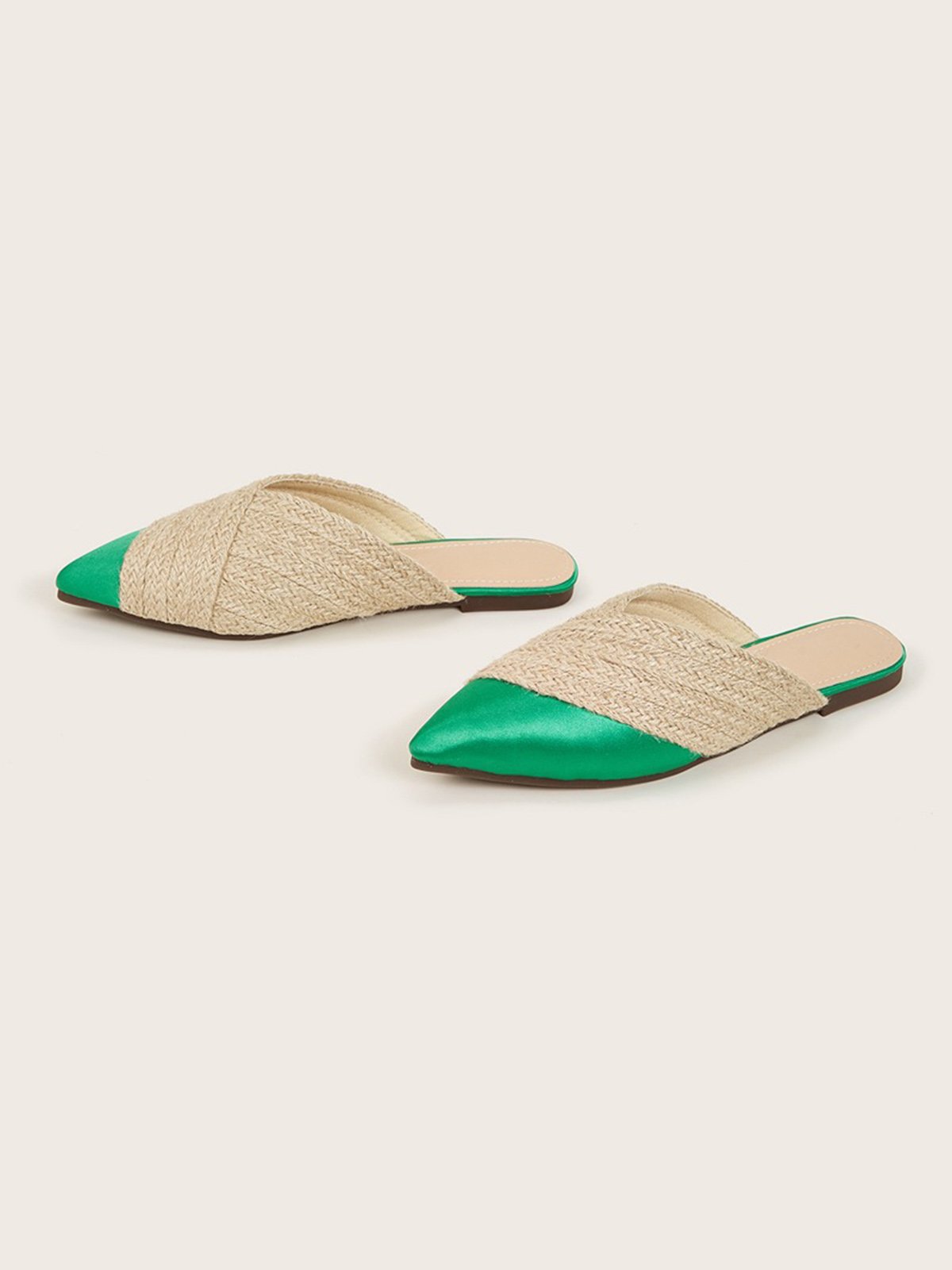 Color-block Satin Straw Weaved Vacation Flat Mules