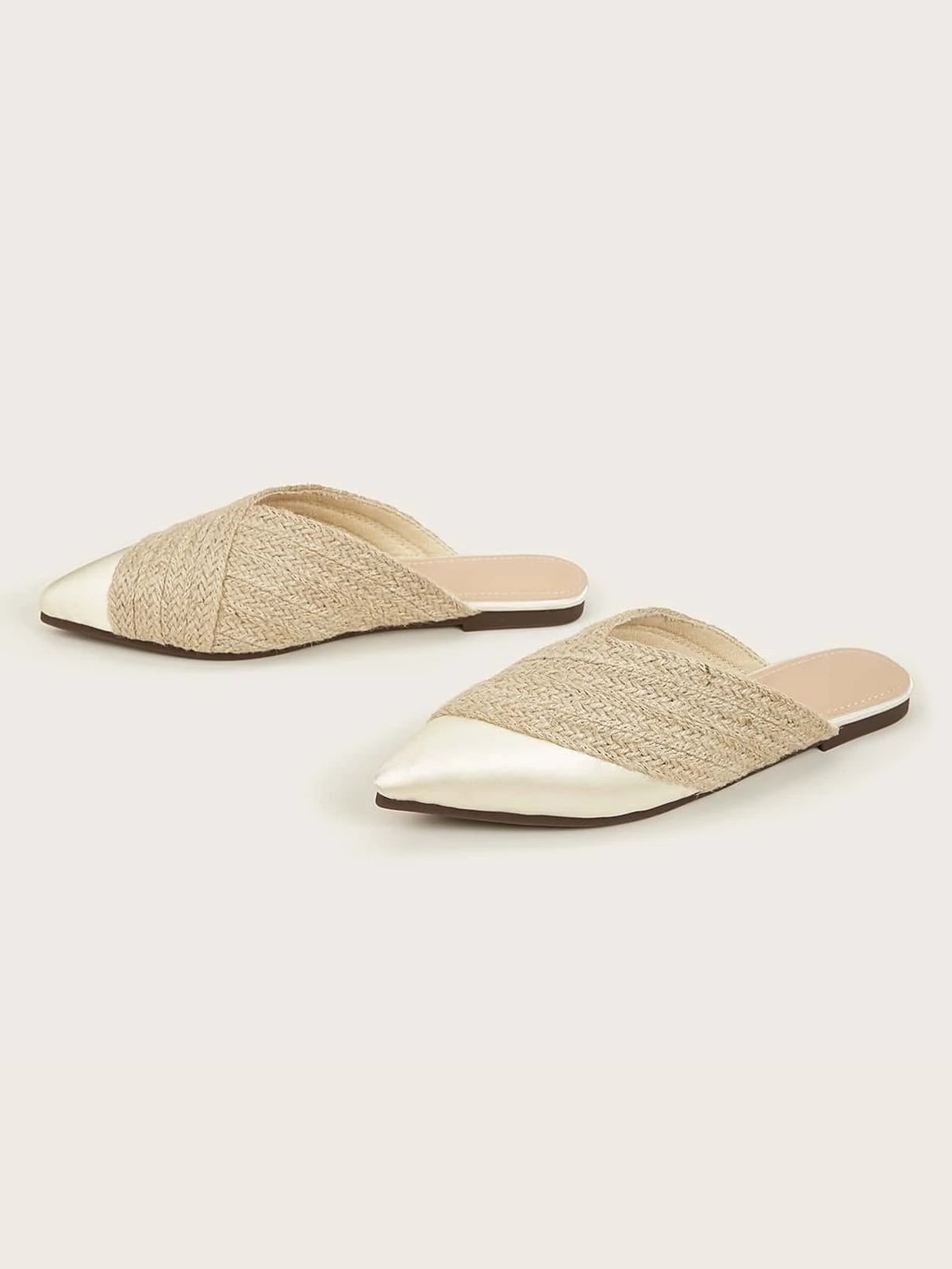 Color-block Satin Straw Weaved Vacation Flat Mules