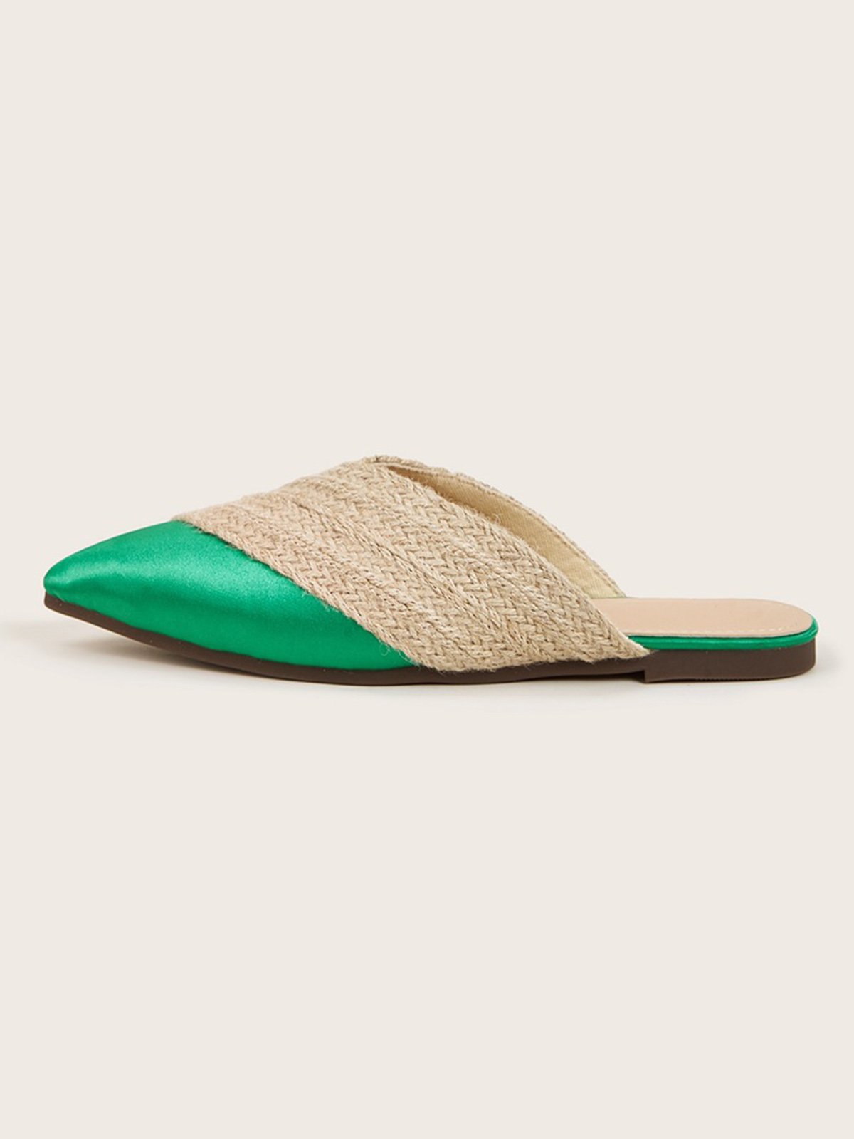 Color-block Satin Straw Weaved Vacation Flat Mules