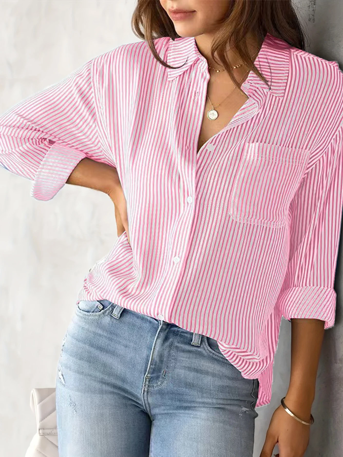 Casual Loose Striped Shirt Collar Blouse