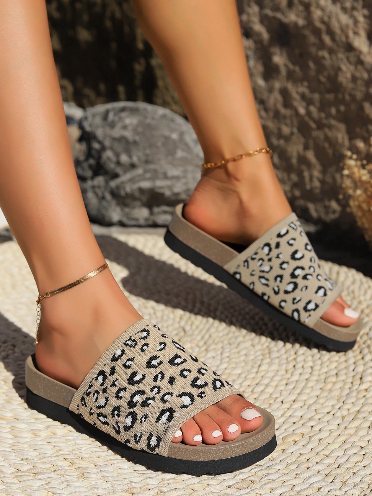 Mesh Fabric Summer Casual Leopard Slide Sandals