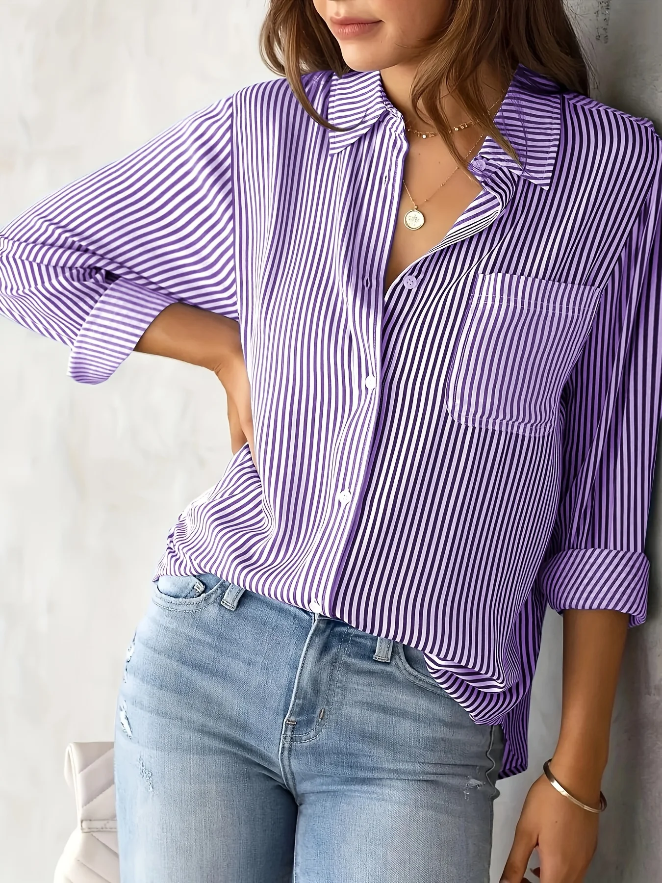 Casual Loose Striped Shirt Collar Blouse