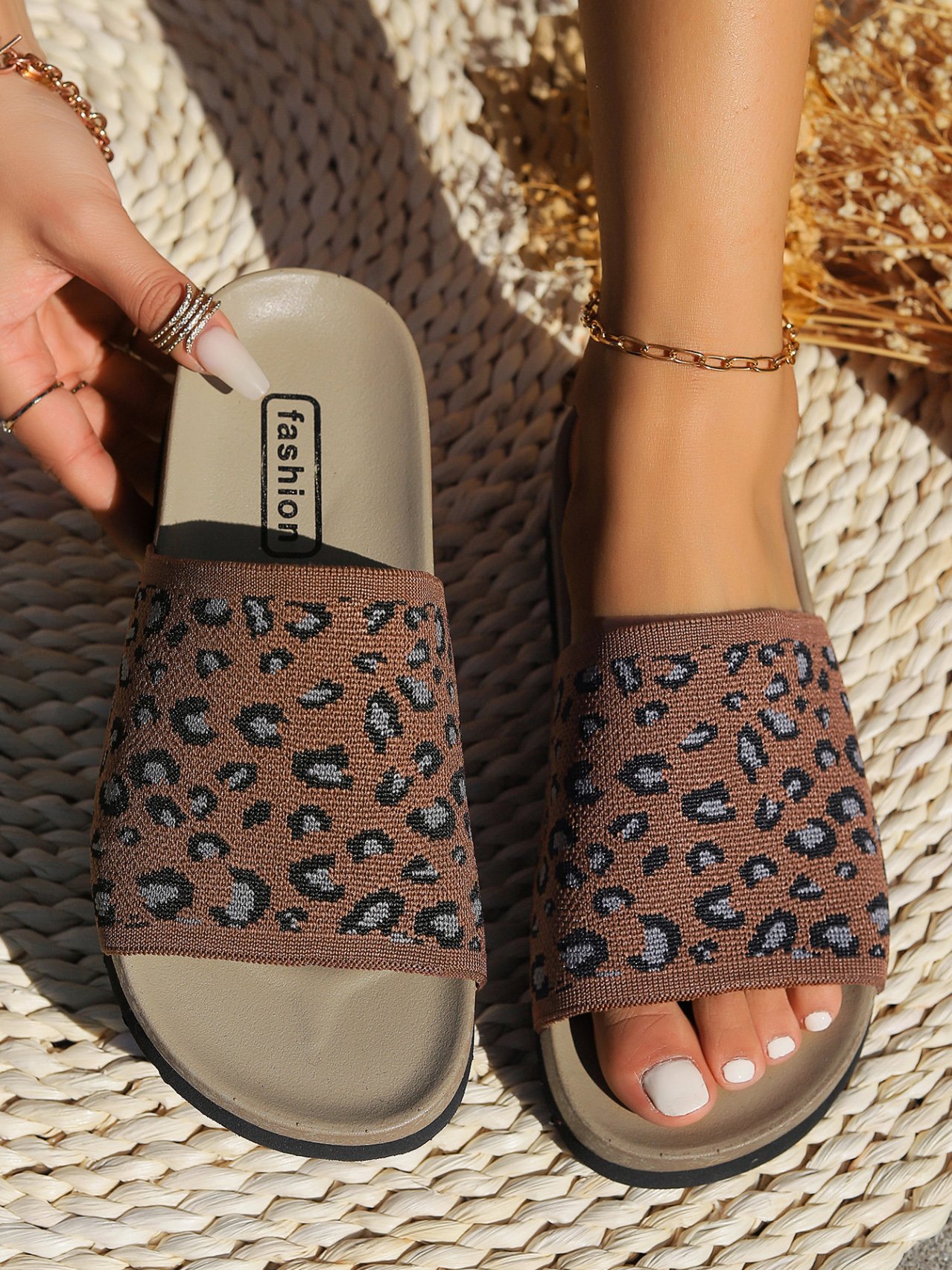 Mesh Fabric Summer Casual Leopard Slide Sandals