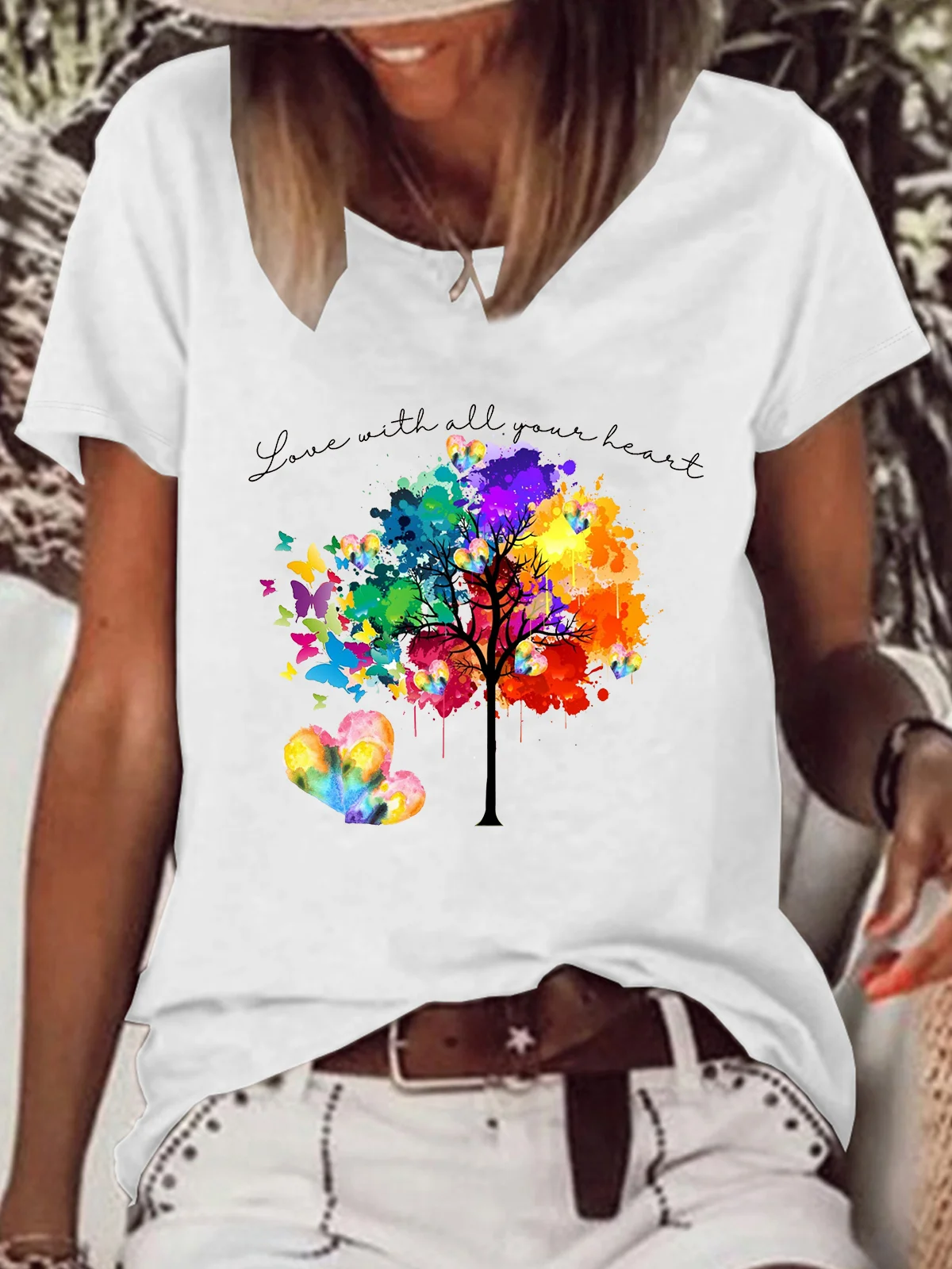 Vibrant Rainbow Tree Text Letters Casual T-Shirt