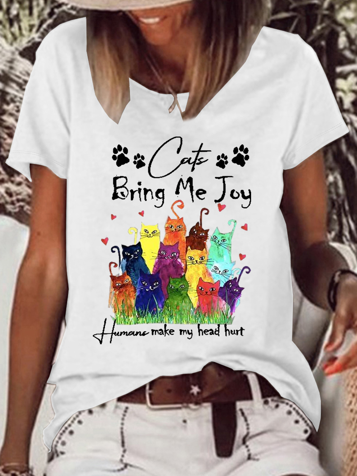 Funny Cat Cotton-Blend Loose Casual Text Letters T-Shirt