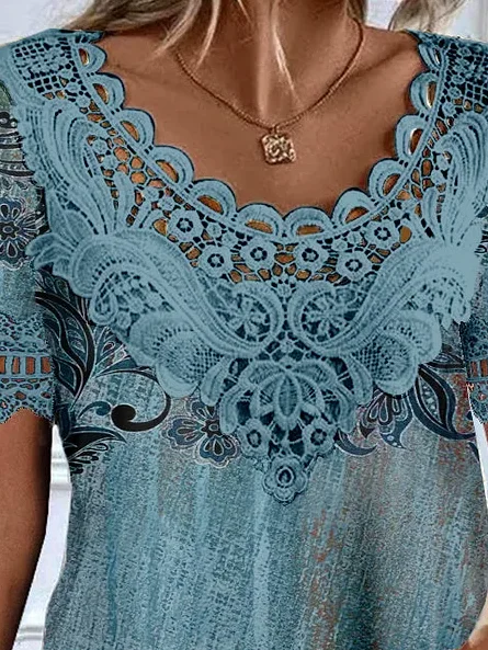 Loose Ethnic Casual Lace Collar T-Shirt