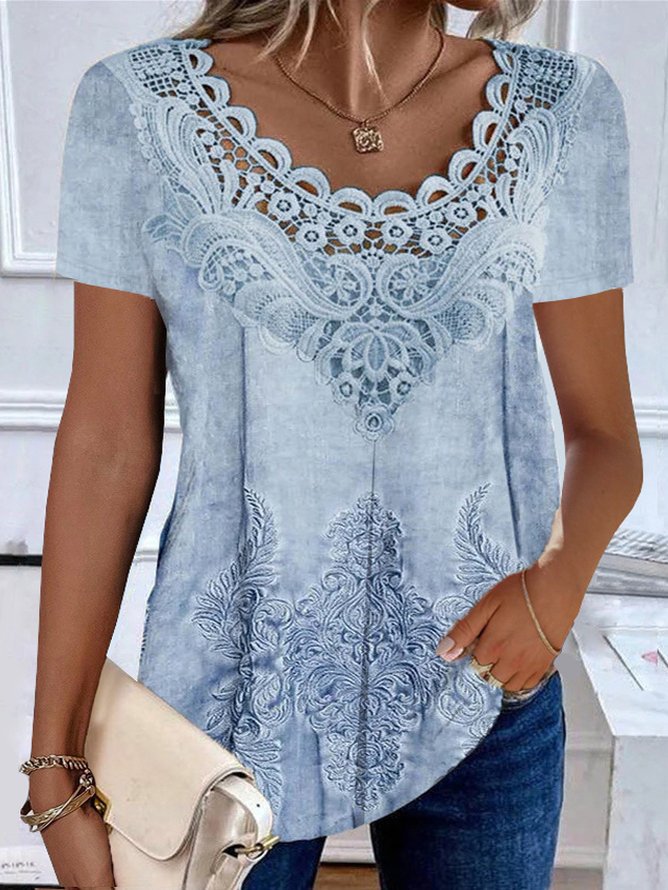 Plus Size Casual Lace Crew Neck Nationality/Ethnic Shirt