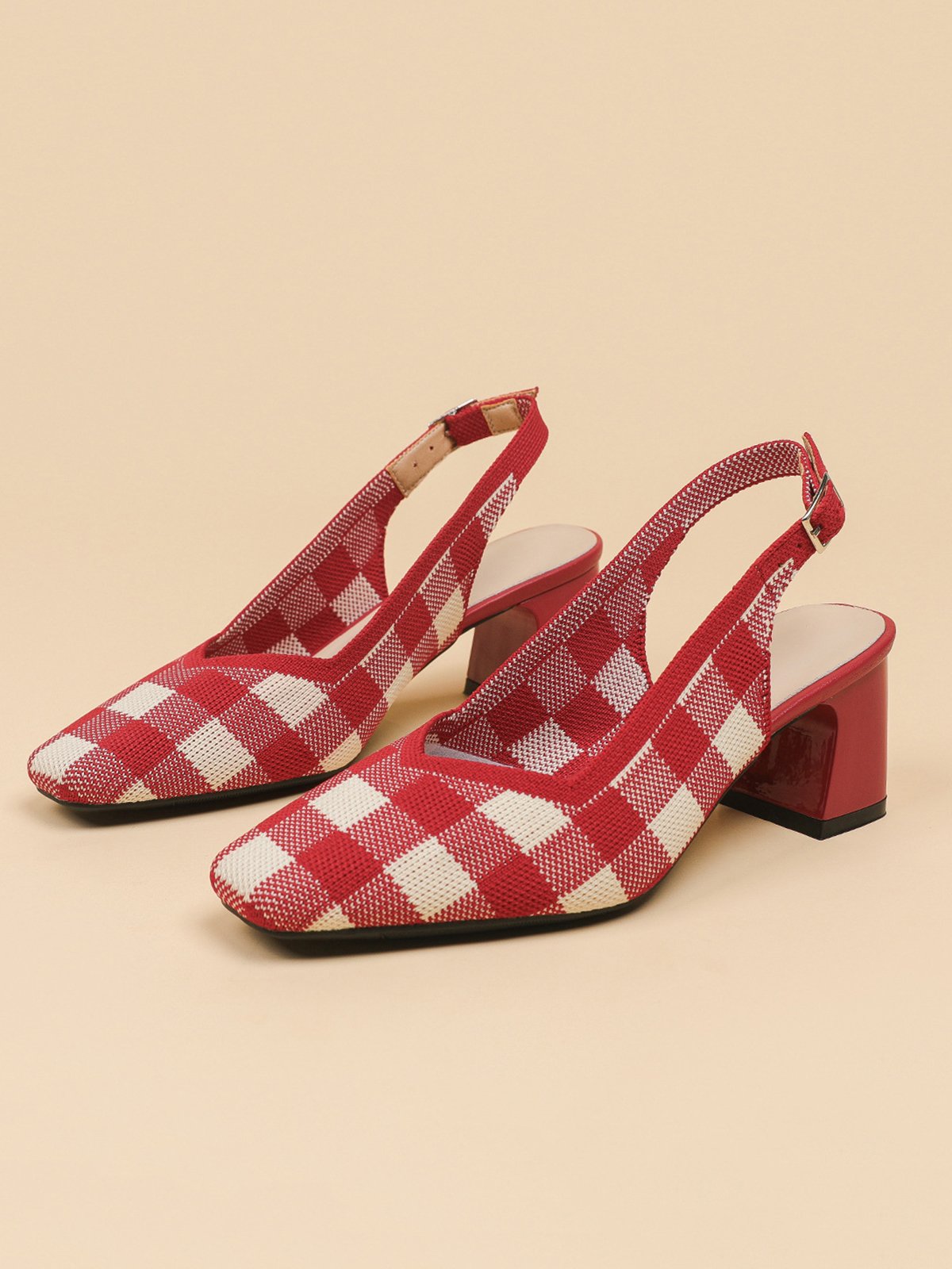 Elegant Plaid Breathable Mesh Fabric Chunky Heel Slingback Pumps