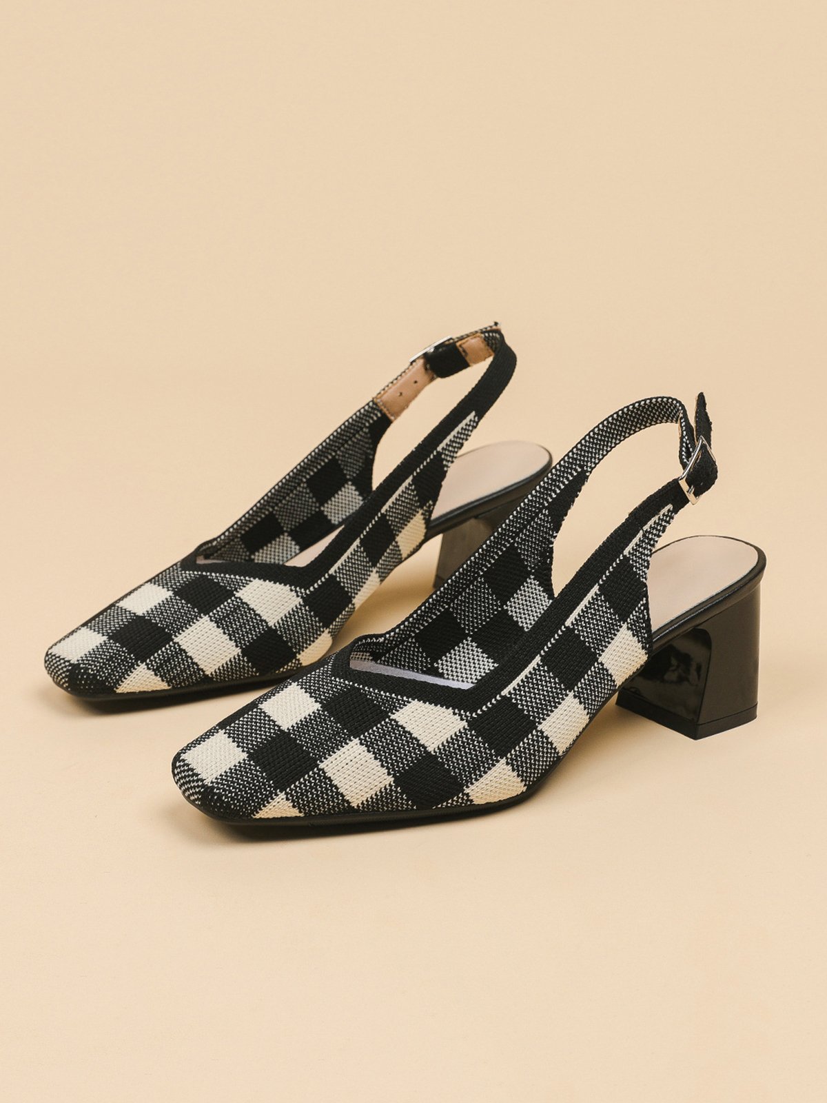 Elegant Plaid Breathable Mesh Fabric Chunky Heel Slingback Pumps