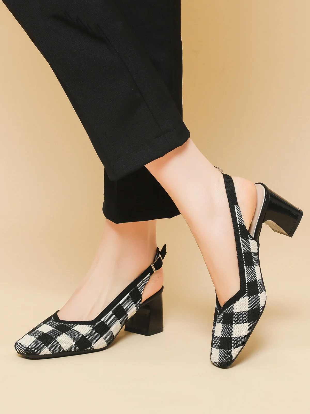 Elegant Plaid Breathable Mesh Fabric Chunky Heel Slingback Pumps