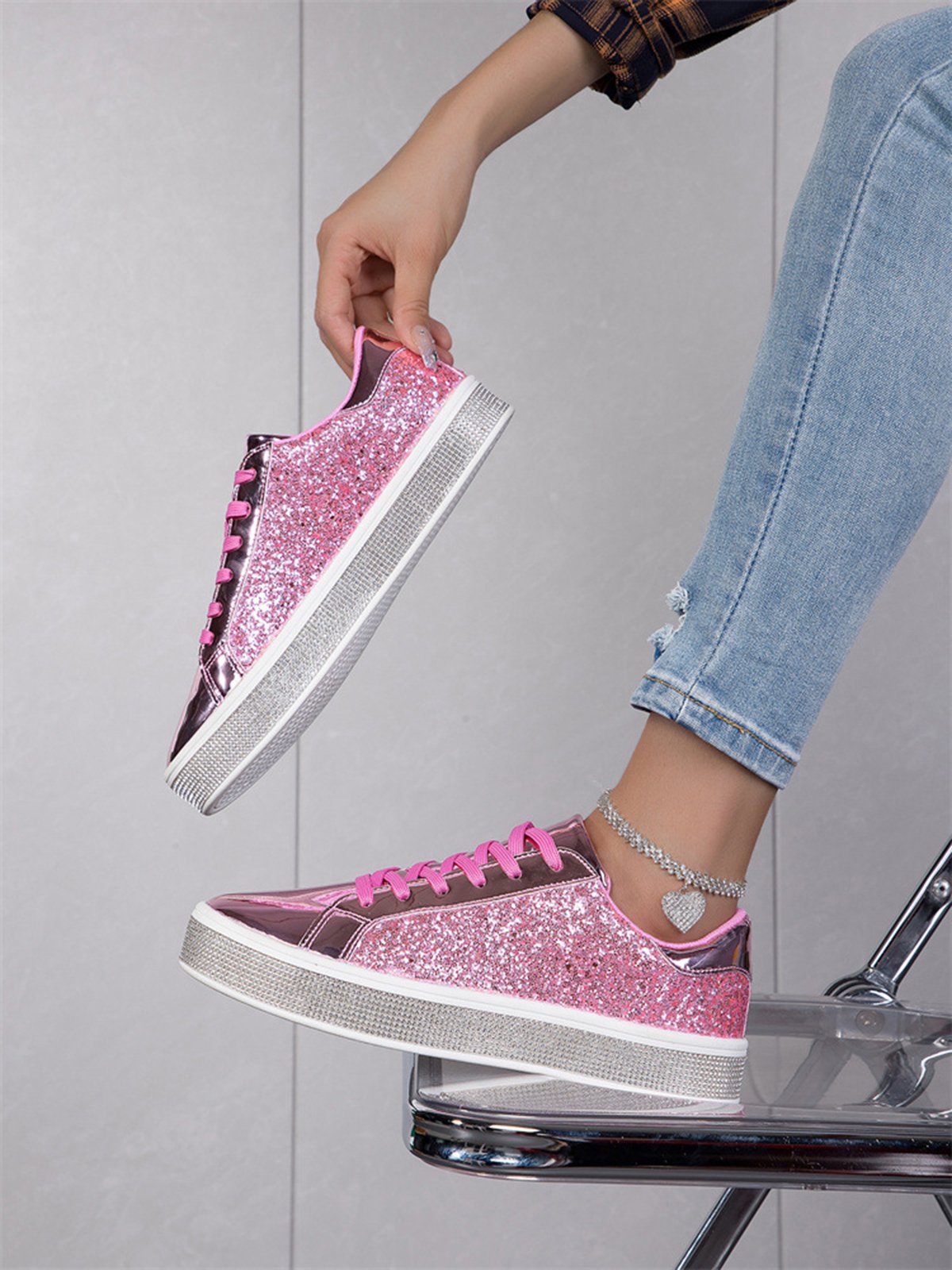 Fashion Glitter Rhinestone Lace-Up Skate Shoes