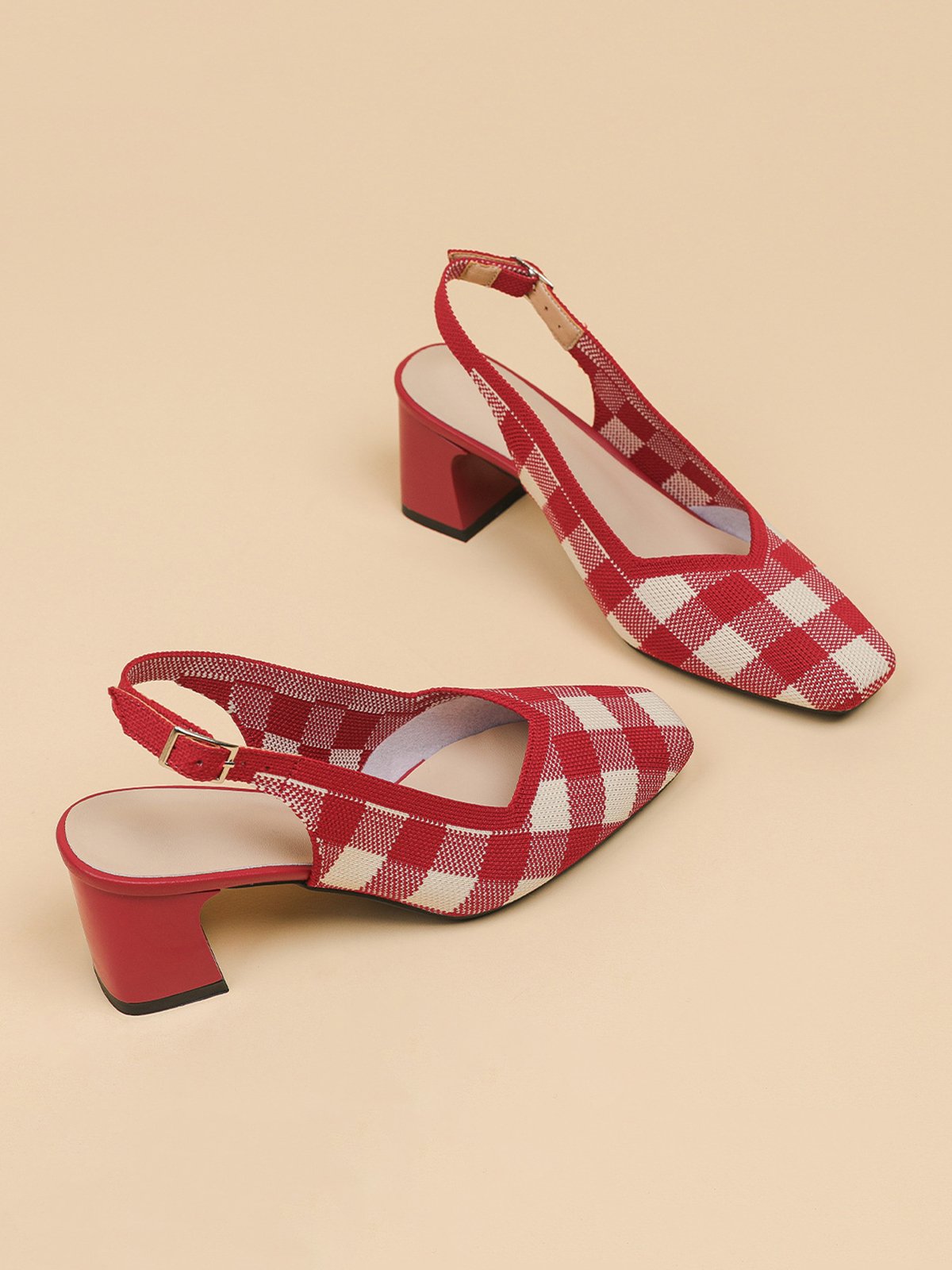 Elegant Plaid Breathable Mesh Fabric Chunky Heel Slingback Pumps