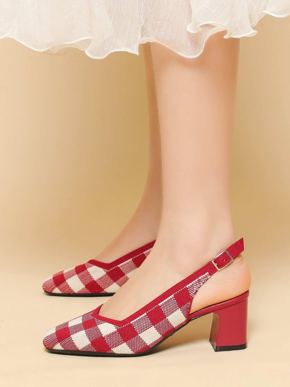 Elegant Plaid Breathable Mesh Fabric Chunky Heel Slingback Pumps