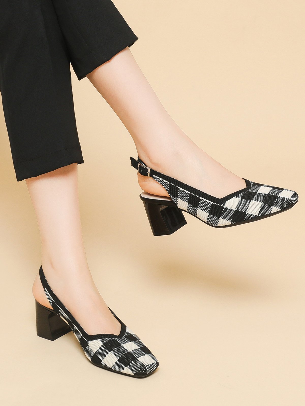 Elegant Plaid Breathable Mesh Fabric Chunky Heel Slingback Pumps