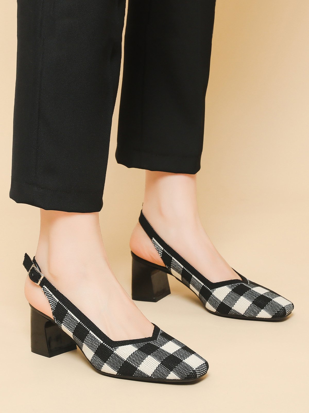 Elegant Plaid Breathable Mesh Fabric Chunky Heel Slingback Pumps