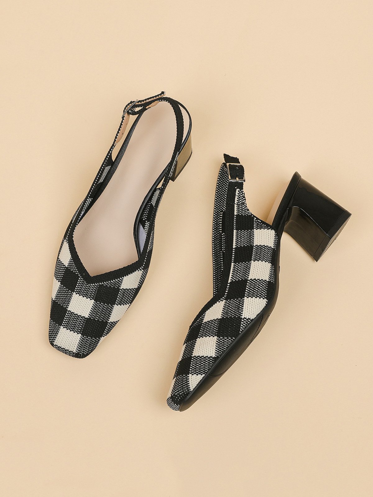 Elegant Plaid Breathable Mesh Fabric Chunky Heel Slingback Pumps